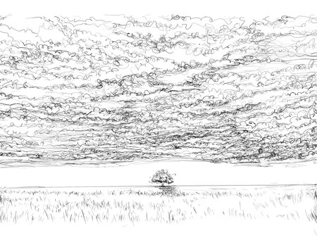 Landscape with a lonely tree on the shore. Hand drawn illustration.の写真素材