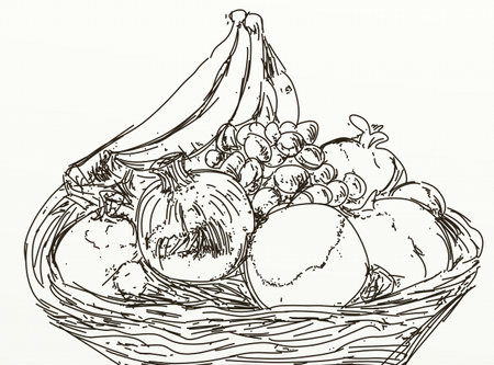 Basket of fresh fruits and vegetables. Hand drawn vector illustration.の写真素材