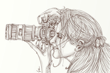 Sketch of a female photographer with a camera on a white backgroundの写真素材