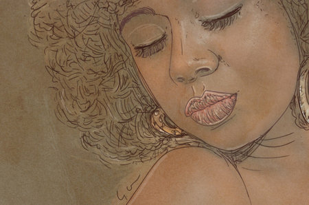 Drawing of a woman's face on a textured background.の写真素材