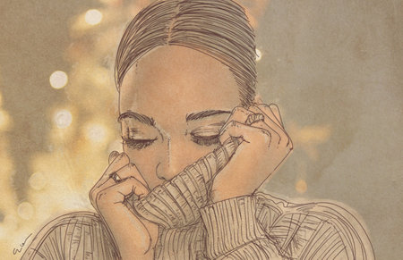 Sketch of a young woman with closed eyes on a beige backgroundの写真素材