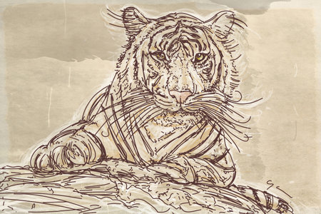 Sketch of a tiger on a white background. Hand drawn illustration.の写真素材