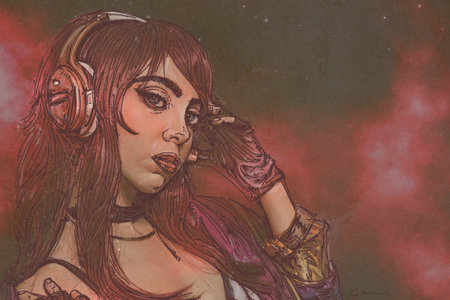 Digital illustration of a young woman with headphones listening to music on her phone.の写真素材