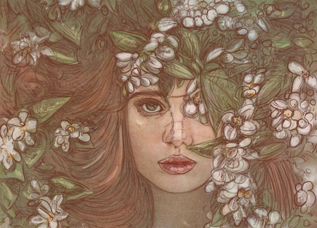Beautiful girl with flowers in her hair. Hand drawn illustration.の写真素材
