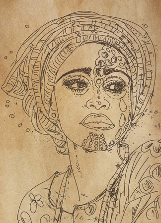 Sketch of a beautiful woman in a turban with beads on her headの写真素材