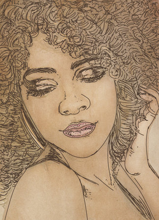 Portrait of a beautiful girl with long curly hair. Hand drawn illustration.の写真素材