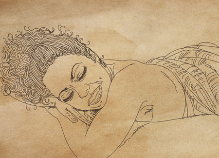 Sketch of a beautiful young woman lying on the floor.の写真素材