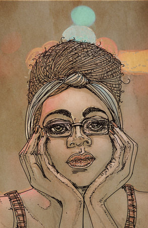 Fashion illustration: Portrait of a beautiful young woman with glassesの写真素材
