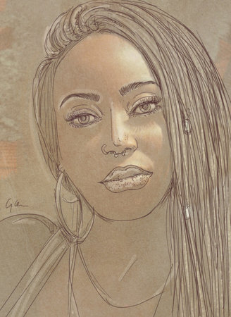 Drawing of the face of a beautiful young woman with long hairの写真素材