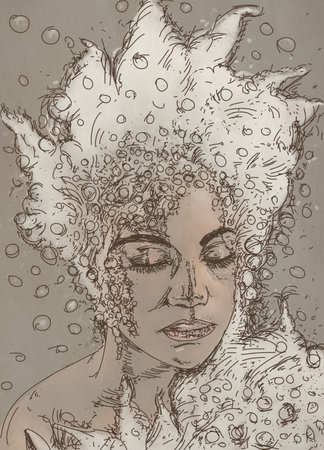 Sketch of a beautiful woman with water drops on her faceの写真素材