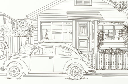 Drawing of a house with a car on the street. Vector illustrationの写真素材