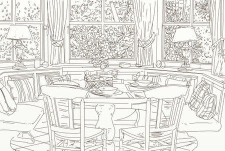 Table and chairs in a cafe, sketch vector illustration for your designの写真素材