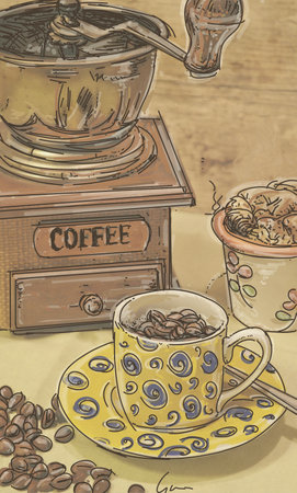 Coffee cup and coffee grinder with coffee beans on backgroundの写真素材