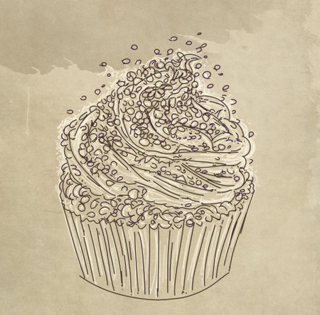 Hand drawn cupcake illustration on old paper background. Vector illustration.の写真素材