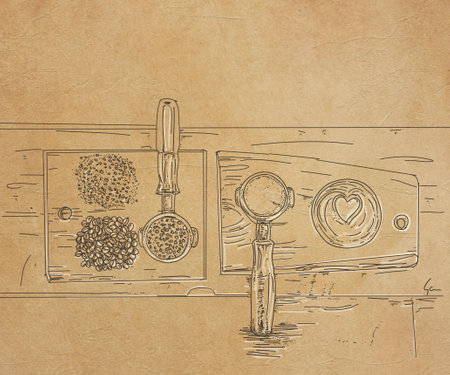 Hand drawn coffee grinder with coffee beans and spoon on old paper backgroundの写真素材