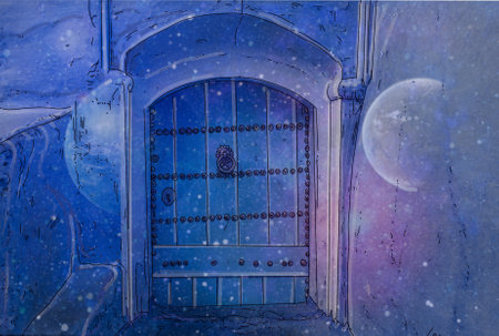 Mystical door with night sky and moon. Digital painting.の写真素材