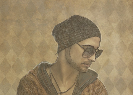 Portrait of a young man in sunglasses. Hand drawn illustration.の写真素材
