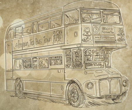 Vintage bus drawing on old paper background. Hand drawn illustration.の写真素材