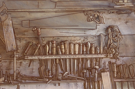 Wooden tools on a shelf in a workshop. Hand drawn illustration.