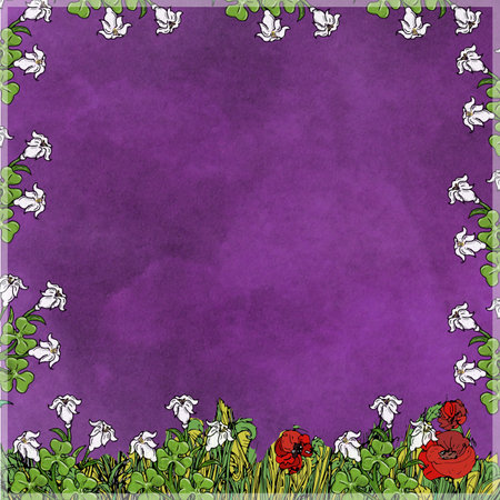 Grunge floral frame with red poppies and green grassの写真素材