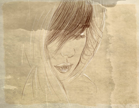 Sketch of a beautiful woman face on old paper background.の写真素材