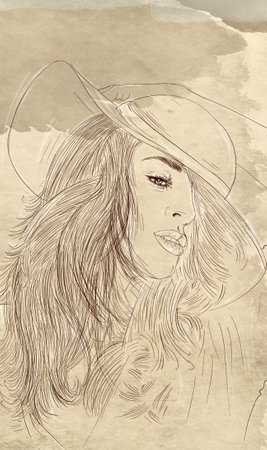 Portrait of a beautiful girl in a hat. An hand drawn illustration.の写真素材