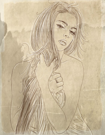 Sketch of a young woman with long hair. Hand drawn illustration.の写真素材
