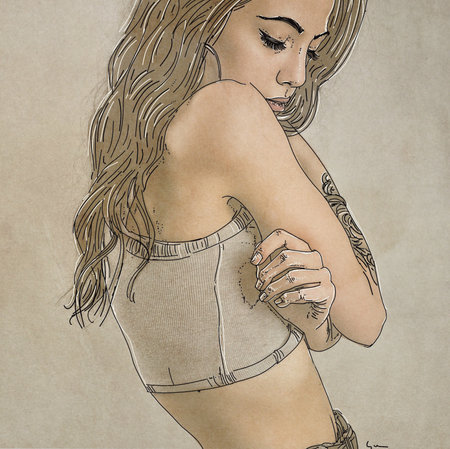 Sketch of a beautiful young woman in lingerie. Hand drawn illustration.の写真素材