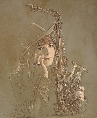 sketch of a girl in a hat with a saxophoneの写真素材
