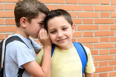 A schoolboy tells something in the ear of another student who laughs about it.の写真素材