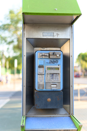 Getafe, Madrid, Spain, July 8, 2022: Public telephone booth in the streetの写真素材