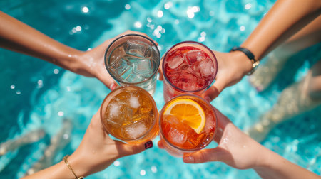 Drinks in Paradise A close-up perspective captures hands embracing cocktail glasses, the pool offering a backdrop of liquid luxury.の素材