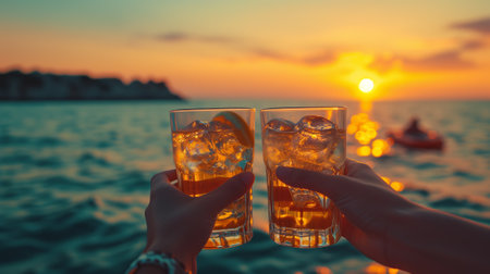 Aqua Affection Close-up of hands delicately holding cocktail glasses against the backdrop of the pool, a liquid sanctuary of luxury.の素材