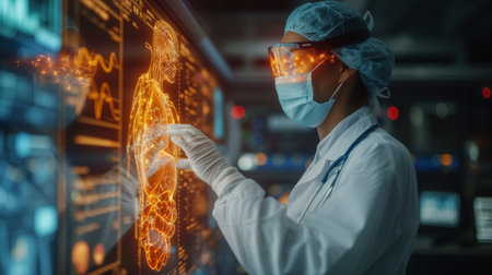 A cardiologist, equipped with augmented reality technology, delicately touches a virtual screen, initiating in-depth diagnostics analysis of the heart. The innovative approach merges the surgeon'sの素材