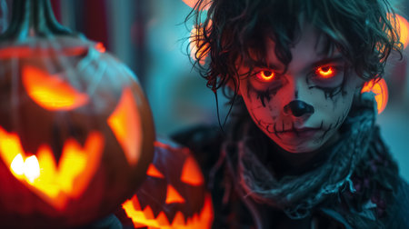 A child with frightening Halloween makeup holds an illuminated jack-o-lantern at night, in a decorated garden.の素材