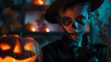 A boy with Halloween makeup as an evil character holds an illuminated carved pumpkin at night, surrounded by Halloween decorations.の素材