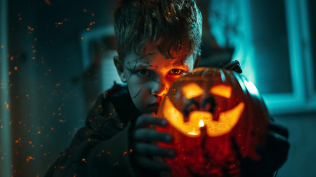 A child with a spooky expression on Halloween, holding an illuminated pumpkin and looking at the camera at night.の素材