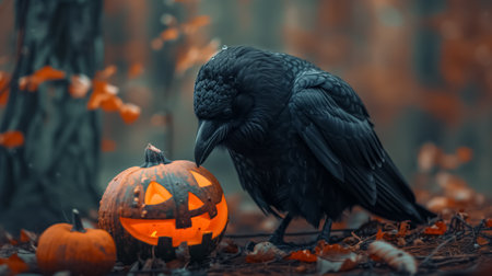 In the forest at night, a crow and an illuminated pumpkin create a hauntingly beautiful Halloween scene, the flickering light from the jack-o-lantern adding a sense of mystery and enchantment.の素材