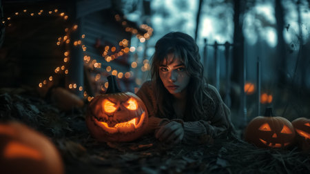 At night, a kid dressed as an evil character for Halloween, holding an illuminated carved pumpkin and looking at the camera.の素材