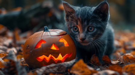 At night, a kat and an illuminated jack-o-lantern light up the forest, the warm glow from the pumpkin casting spooky shadows and embodying the Halloween spirit in a beautifully eerie scene.の素材