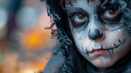 Highlighted in close-up, a kid's face is adorned with gloomy Halloween make-up, capturing the essence of the holiday with a touch of haunting allure.の素材