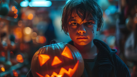 A child with a sinister expression on Halloween night, holding a glowing pumpkin and looking at the camera.の素材
