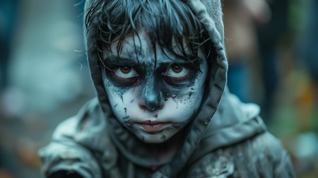 A detailed close-up showcases a kid's face in spooky Halloween make-up, the intensity of his look at the camera adding a touch of eerie charm to the festive atmosphere.の素材