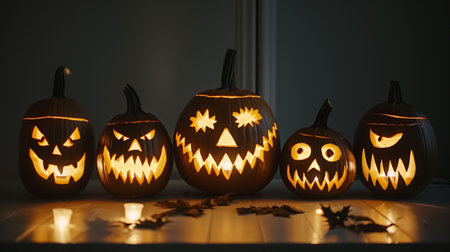 Illuminated pumpkins with creepy, carved faces in the dark background, setting a sinister Halloween scene.の素材