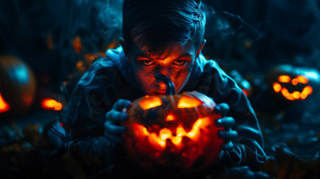 At night, a child in Halloween makeup as an evil character holds an illuminated pumpkin lantern, surrounded by festive decorations.の素材