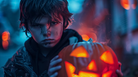 A child with a haunting expression on Halloween night, holding an illuminated pumpkin and looking at the camera.の素材