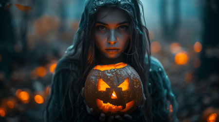 A child with an eerie expression on Halloween night, holding an illuminated pumpkin and looking at the camera.の素材