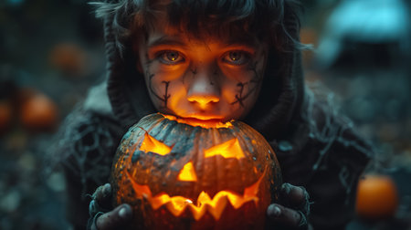 A boy with evil-themed Halloween makeup holds a lit carved pumpkin at night, surrounded by Halloween festivities.の素材