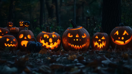 Halloween night in the forest with carved pumpkins on wood in a spooky background.の素材