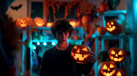 A child with a haunting expression on Halloween night, holding an illuminated pumpkin and looking at the camera.の素材